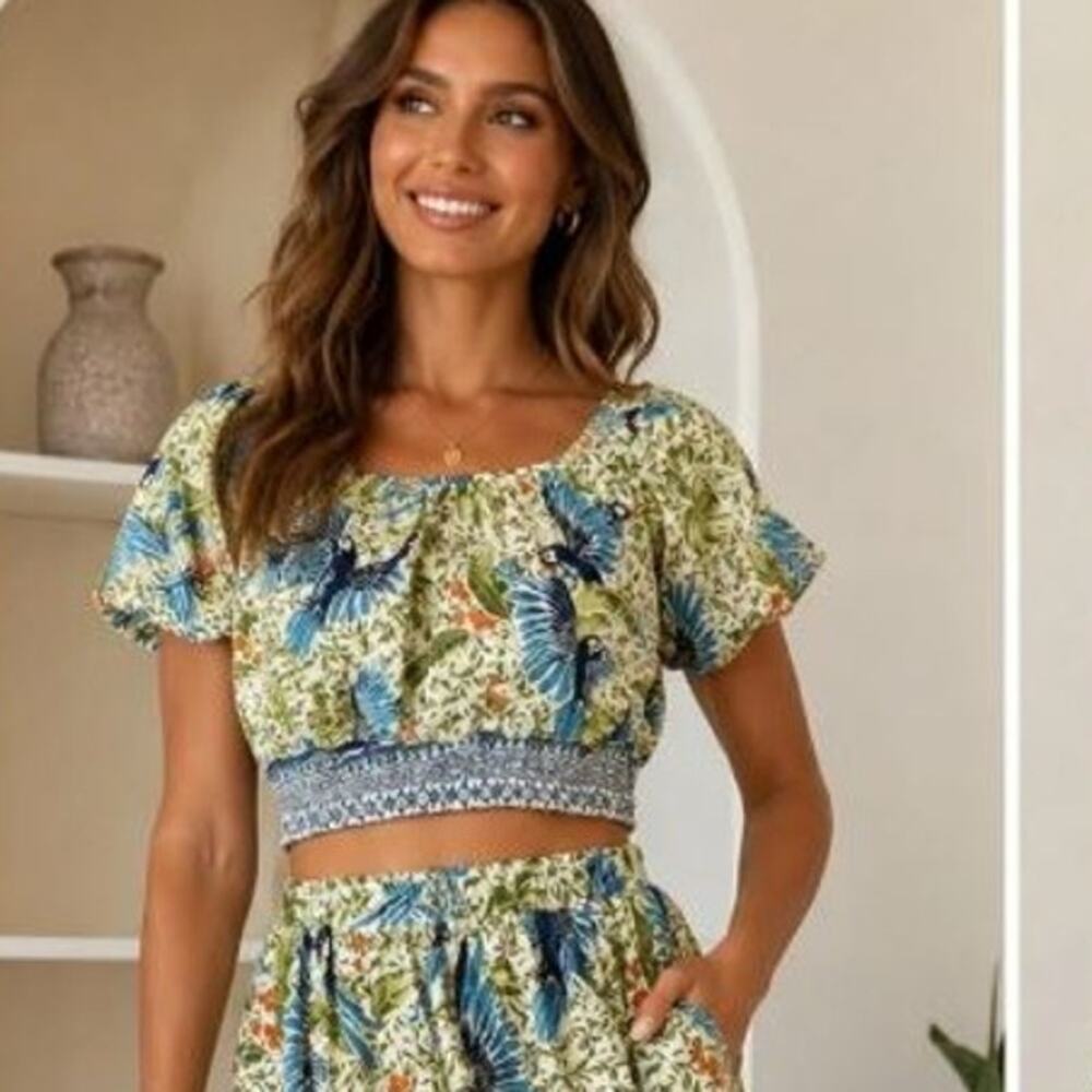 Alex Marie Linen Puff Sleeve Top Bondi Tropical Parrot Birds Under The Palms L